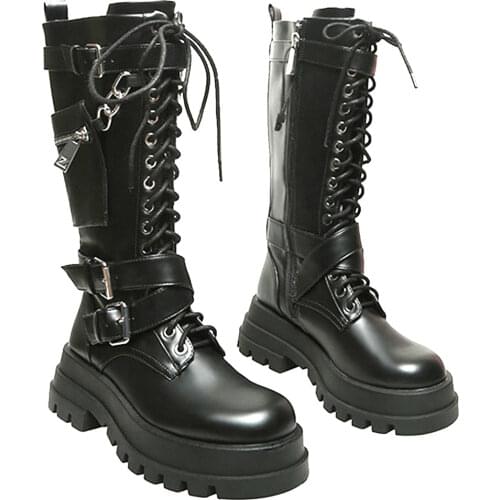 GIGIFOX Brand Design Fashion Cool Street Buckles Punk Gothic Chunky Heels Platform Motorcycles Boots Black Woman Shoes