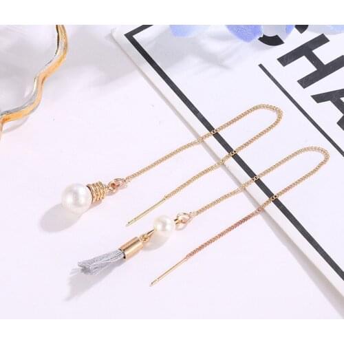Short Threads Tassel Little Simulated Pearl Bead Long Asymmetrical Golden Chain Drop Earrings Women Dangle Earrings