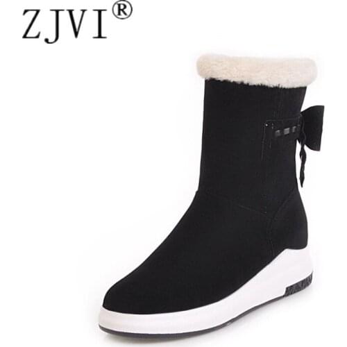 ZJVI 2020 Woman Warterproof Flat Mid Calf Boots For Women Suede Winter Snow Boots Ladies Sexy Wedges Heels Black Platform Shoes