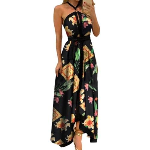 Floral Print Off Shoulder Women Dresses Summer Vintage Halter O Neck Strapless Backless Large Hem Maxi Dress Sundress