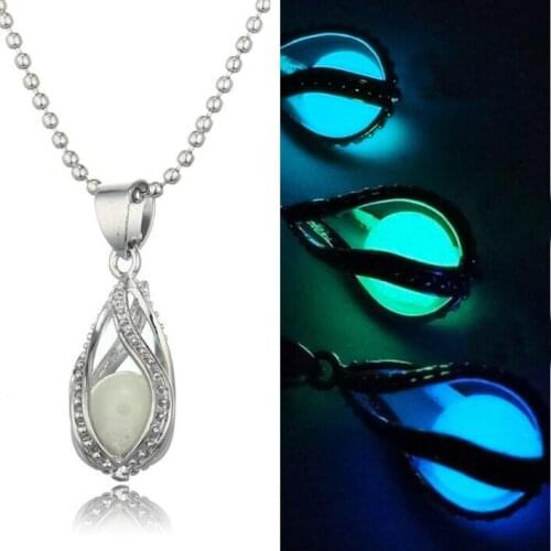 2PCS Glow In The Dark Necklace Silver Color Tear Drop with Luminous Stone Locket Pendant Long Bead Chain Necklace Jewelry
