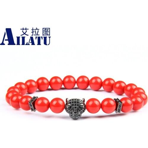 Ailatu New Black Panther Beaded Leopard Bracelet for Men With Natural Tiger Eye, White Howlite Stone, Cinnabar beads