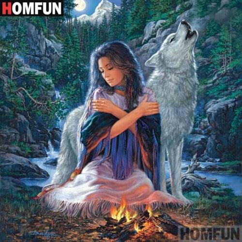 HOMFUN 5D DIY Diamond Painting Full Square/Round Drill "Woman wolf" 3D Embroidery Cross Stitch gift Home Decor A00904