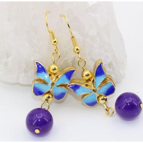 Free shipping romantic gifts elegant gold-color butterfly cloisonne jades beads long dangle earrings for women jewelry B2633