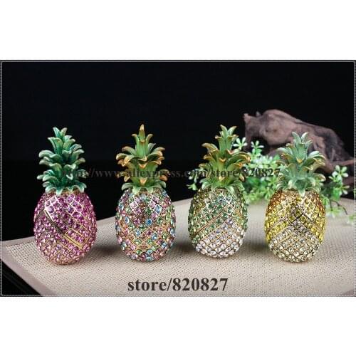 Big Enamel Jeweled Pineapple Trinket Box Pineapple Jewelry Pill Box with Hinge Magnetic Lid Pineapple Rhinestones Gift