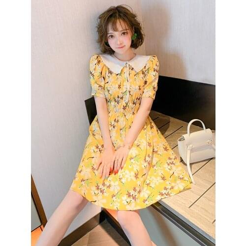 Baby collar embroidered lace court sleeve pleated high waist Printed Dress 2021 Spring new