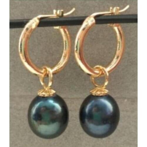PERFECT 10-13MM AAA BLACK SOUTH SEA PEARL EARRING 14k/20 GOLD HOOP