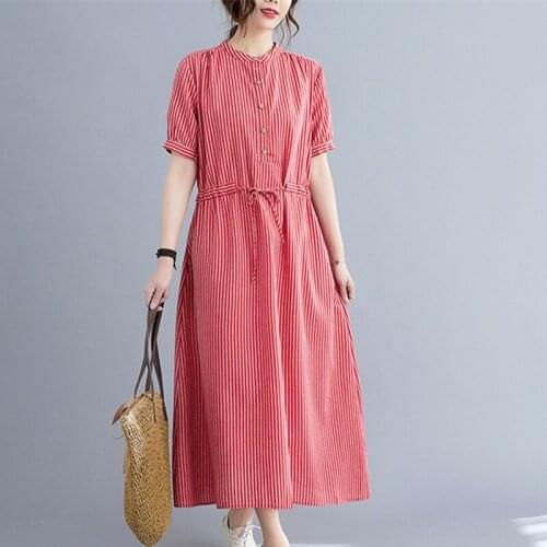 Korea Fashion Preppy Style Striped Blouse Chic Dress 2021 New Arrival Loose Summer Dress Cotton Linen Women Travel Casual Dress