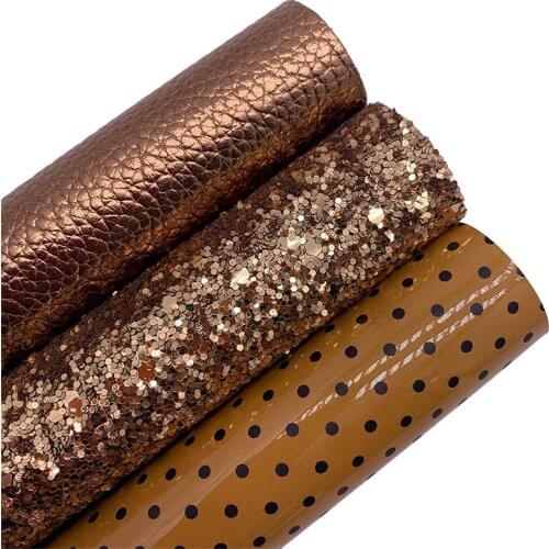 Brown Chunky Glitter Leather Fabric Polka Dots Printed Synthetic Leather Litchi Solid Leather For BOWS DIY 21X29CM G564