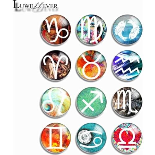 10mm 12mm 14mm 16mm 20mm 25mm 438 12pcs/lot Zodiac Mix Round Glass Cabochons Jewelry Findings 18mm Snap Button Charm Bracelet