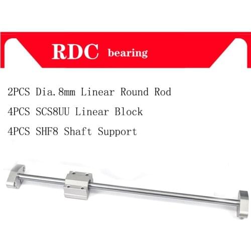 Linear Rod 2pcs Dia. 8mm Linear round rail 100 200 300 400 500 600mm + 4pcs SCS8UU Slide Block Bearing +4pcs SHF8 Shaft Support