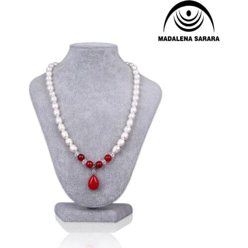 MADALENA SARARA 8-9mm AAA Freshwater Pearl Necklace White Pearl Necklace With Agate Equartz Pendant Sweater Necklace