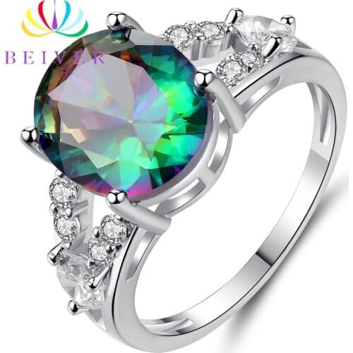 Beiver 2019 New Arrival White Gold Color Rainbow Oval Zircon Promise Wedding Bands Hollow Out Rings for Women Party Jewelry