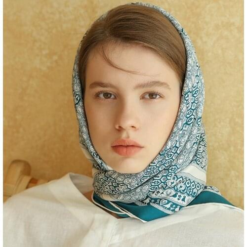 OMEA 100% Pure Silk Square Scarf Women 90cm Twill Green Bird Pattern Geometric Fashion Silk Headkerchief Luxury Hijab Bandana