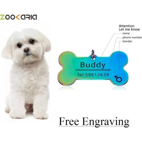 Personalized Pet ID Tags Rainbow Colors Engraved Pet ID Name for Cat Puppy Dog Collar Tag Pendant Keyring Bone Pet Accessories