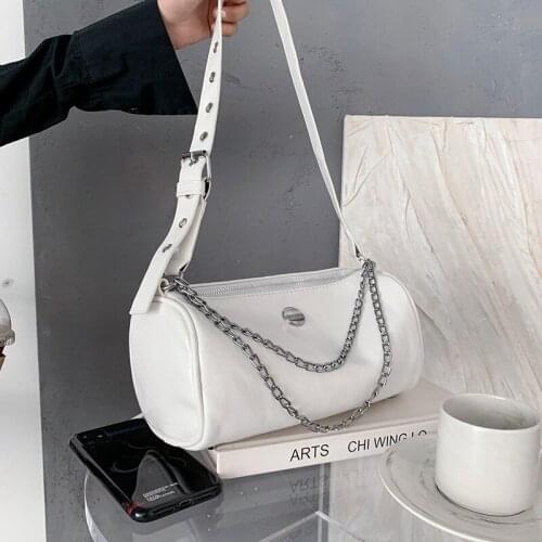 PU Leather Women Luxury Designer Handbags 2021 Shopper Fashion Large Capacity Punk Metal Style Chain Cylinder Bag Crossbody Bags