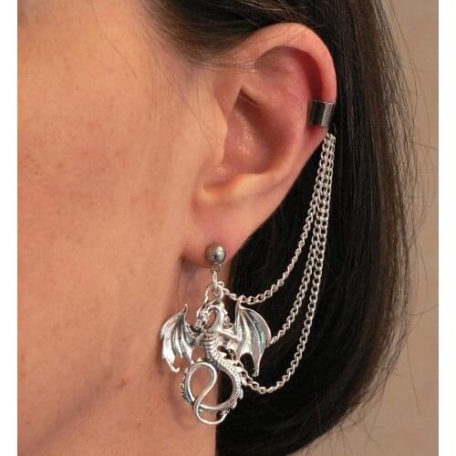 Dragon Ear-chains Ear Cuff Fantasy Cosplay Silver-plated Chains and Hypo-allergenic Stud Earring