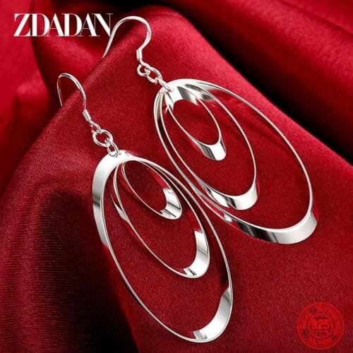 ZDADAN 925 Sterling Silver Three Circle Long Tassel Drop Earrings For Women Engagement Wedding Jewelry Gift