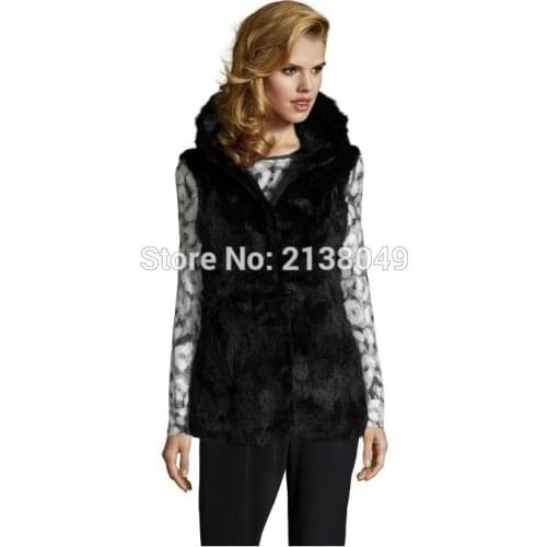 SF0039 Real Rabbit Fur Vest Women Sleeveless Gilet with Hood