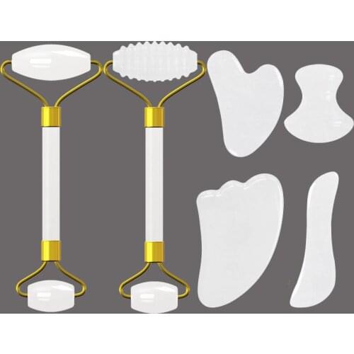Natural White Jade Roller Gouache Scraper For Face Gua Sha Massage Tool Set Facial Roller Massager Guasha Board Jade Massager