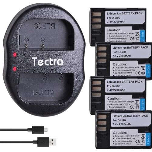 Tectra 2200mAh 4PCS D-Li90 D Li90 Digital Camera Battery+USB Dual Charger for PENTAX K-7 K-7D K-5 K-5 II 645D K01 DLi90 Battery