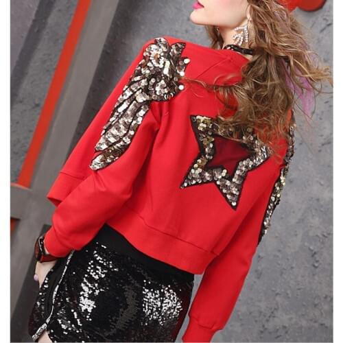 Womens Red Short Jacket 2020 autumn Fashion Elastic Thin Sequins Beaded Tops female Tide coat streetwear ladies coats outerwear