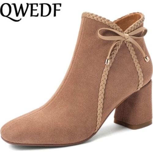 2019 new top quality flock leather boots women high heels platform ankle boots for women round toe autumn winter shoes X9-26