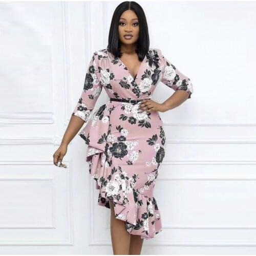 Women Autumn Dress Ladies 2021 Spring Casual Slim Office Dress Retro Elegant V-Neck High Waist Printed 3/4 Sleeve Party Dress