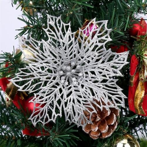 12pcs Christmas Artificial Flower Ornament Glitter Flower Pendant Hanging Decor