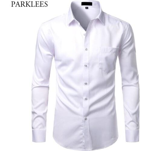 White Mens Bamboo Fiber Shirts Casual Slim Fit Button Up Dress Shirts Men Solid Soical Shirt With Pocket Formal Business Camisas