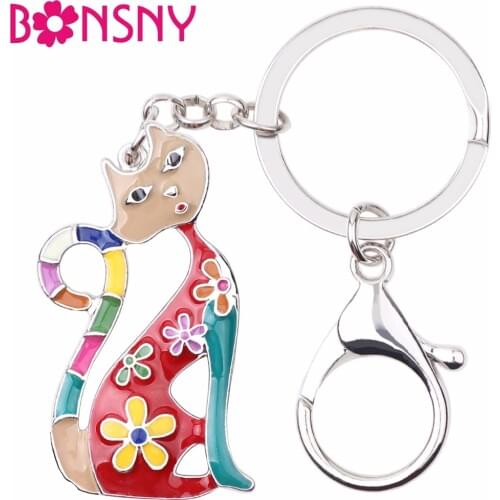 Bonsny Alloy Enamel Cat Kitten Key Chain Keychains Rings Fashion Animal Jewelry For Women Girls Gift Handbag Car Charms Original