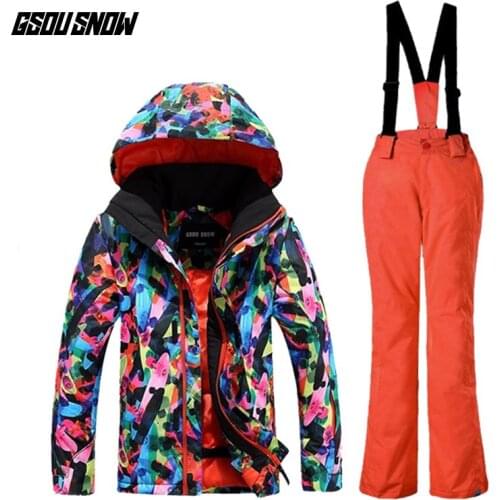 GSOU SNOW Childrens Ski Suit Winter Waterproof Windproof Breathable Warm Ski Jacket Ski Suspender Trousers For Unisex Size XS-M