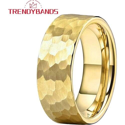 Gold Hammered 8MM Tungsten Carbide For Men Women Wedding Bands Flat Engagement Rings Comfort Fit