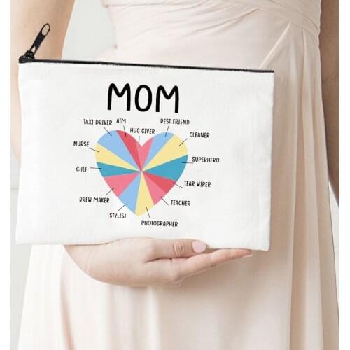 Mom Love Print Cosmetic Makeup Bag Canvas Organizer Zipper Pouch Love Heart Casual Travel Portable Storage Purse Cute Bag