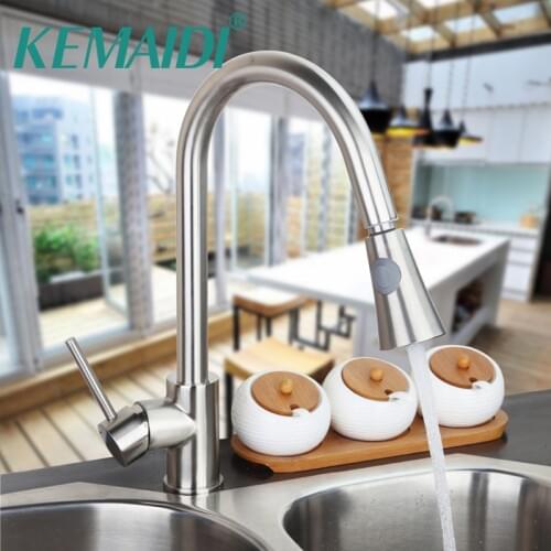 KEMAIDI Kitchen Kitchen Faucet Solid Brass Hot&Cold Water Tap Single Hole torneira Pull out Dual Spray Brushed nickel