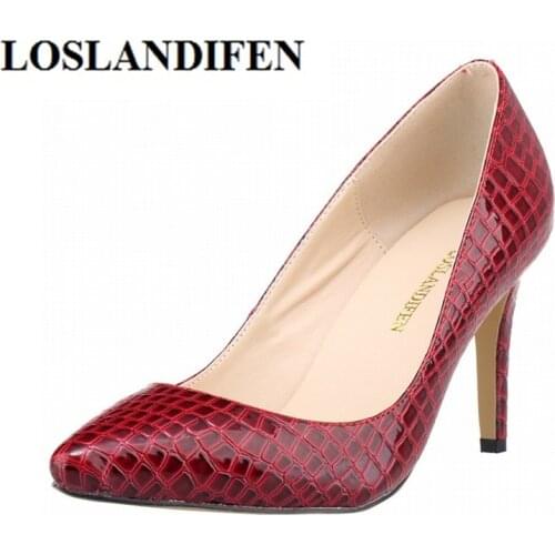 LOSLANDIFEN Women Pump Crocodile Skin Pattern Wedding Ladies Party High Heels Shoes Pointed Toe Women Shoes zapatos Femininos