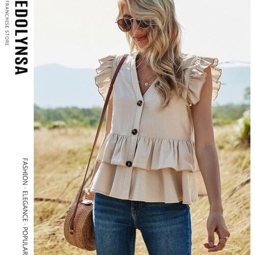 Sweet Kawaii Girl Blouse V-neck Solid Color Casual Single-Breasted Shirt Summer Sleeveless Womens Tops Ruffles Swing Blouse Y90