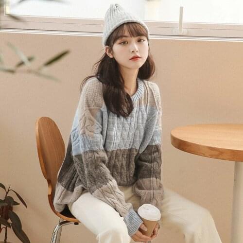 2021 Fashion Loose Autumn Winter Thickening Womens Clothing Color Matching Twist Long Sleeve Top Sweater Mujer Korean Knitting
