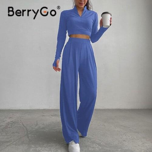 BerryGo Autumn winter casual polo sweatshirt suit women Long sleeve cropped 2 pieces matching pant set Loose solid tracksuits