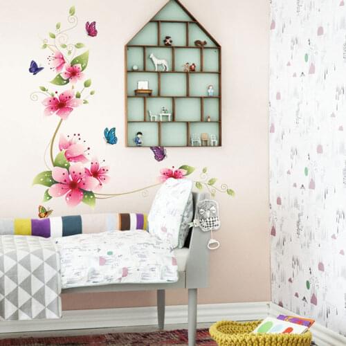 Romantic Butterfly Blossom Flower Wall Stickers Home Decor Living Room Vinyl Mural Girls Room Flora Decals Wedding Decoration