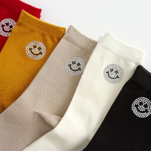 Diamond Cartoon Happy Smiley Face Socks Women Cotton Kawaii Cute Smiling Socks Streetwear Glitter Rhinestone Frilly Socks Girl