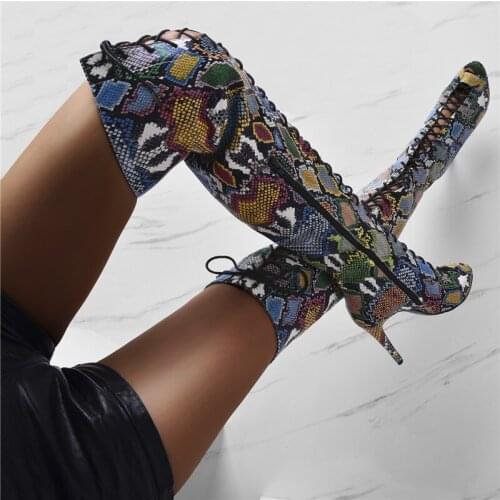 Floral Long Boots Fashion Over The Knee Peep Toe Lace Up Hollow Breathable Shoes Runway Party High Heel Mixed Color Boots