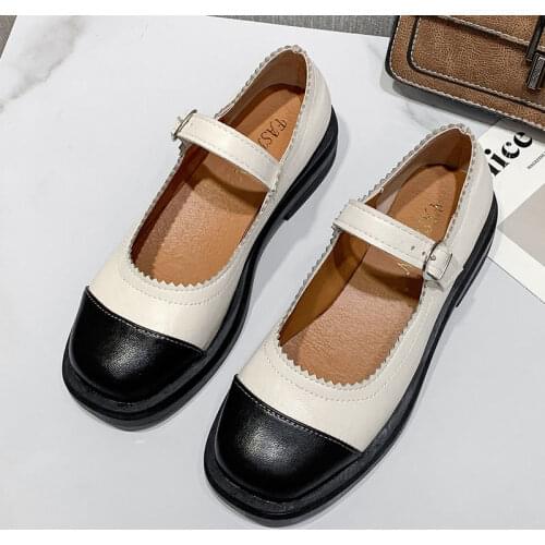 Apanzu Lolita Shoes Big Size 35-43 Women Flats Retro College Wind Square Buckle Thick Uniform Shoes JK Mary Jane Leather Shoes