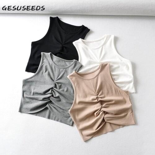 Sleeveless crop top women summer casual tank top ribbed o neck tops women 2021 ruched tops white black crop top shirt gray