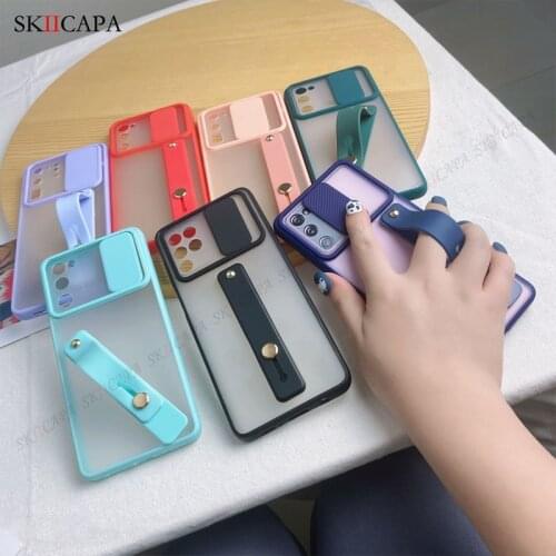 Candy Color Wriststrap Stand Phone Case for Samsung Galaxy Quantum2 A82 S21 S20 Ultra F62 A72 A52 Slide Camera Protection Cover