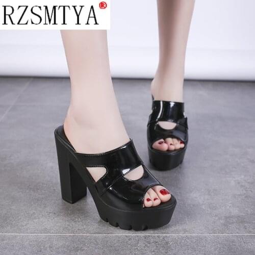 Square Heel Slippers Women Sandals Platform High Heels Slippers Shoes Woman Sexy Peep Toe Pumps Black Red Heels 12cm