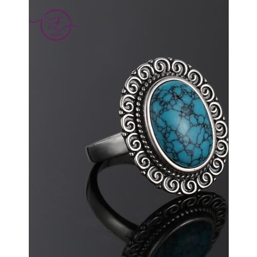 Charms 10x14MM Natural Turquoise Rings Womens 925 Sterling Silver Jewelry Ring Vintage Anniversary Party Gifts for Wome