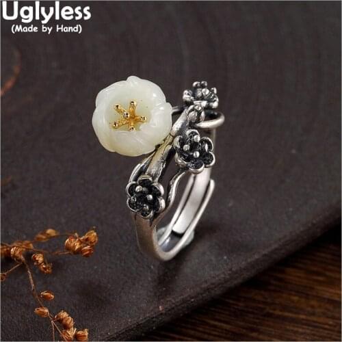 Uglyless Real S 925 Sterling Silver Bijoux Natural White Jade Plum Blossom Finger Ring Handmade Ethnic Women Vintage Flower Ring