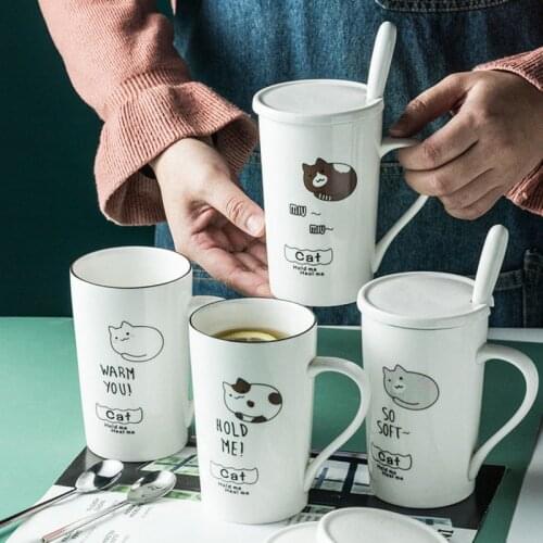 400ml Cartoon Milk Coffee Mugs Ceramic Breakfast Mug With Lid Spoon Cute Cat Dog Pattern Office Home Drinkware Tea Cup