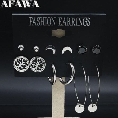 6 Pair 2021 Fashion Tree of Life Stainless Steel Earings Set Women Silver Color Set Earrings Jewelry pendientes mujer E612822